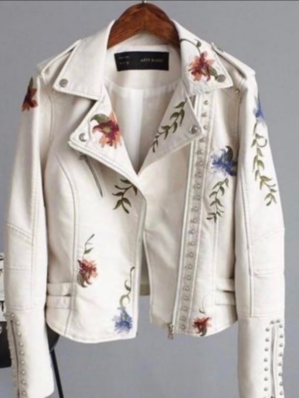 Cream Floral Embroidered Studded Moto Jacket